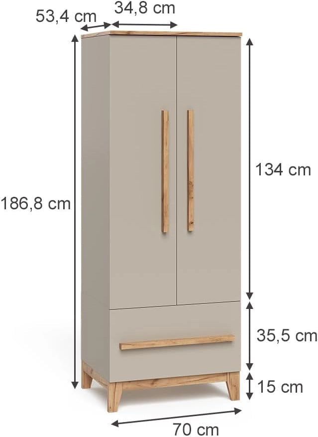 Armadio per bambini Malia, Cashmere/Artigianale, 70 x 186.8 cm, combinabile con altri mobili della serie Malia