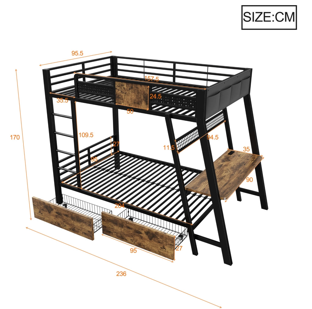 Letto a castello in metallo 90x200 cm con scrivania integrata; LED e contenimento; nero