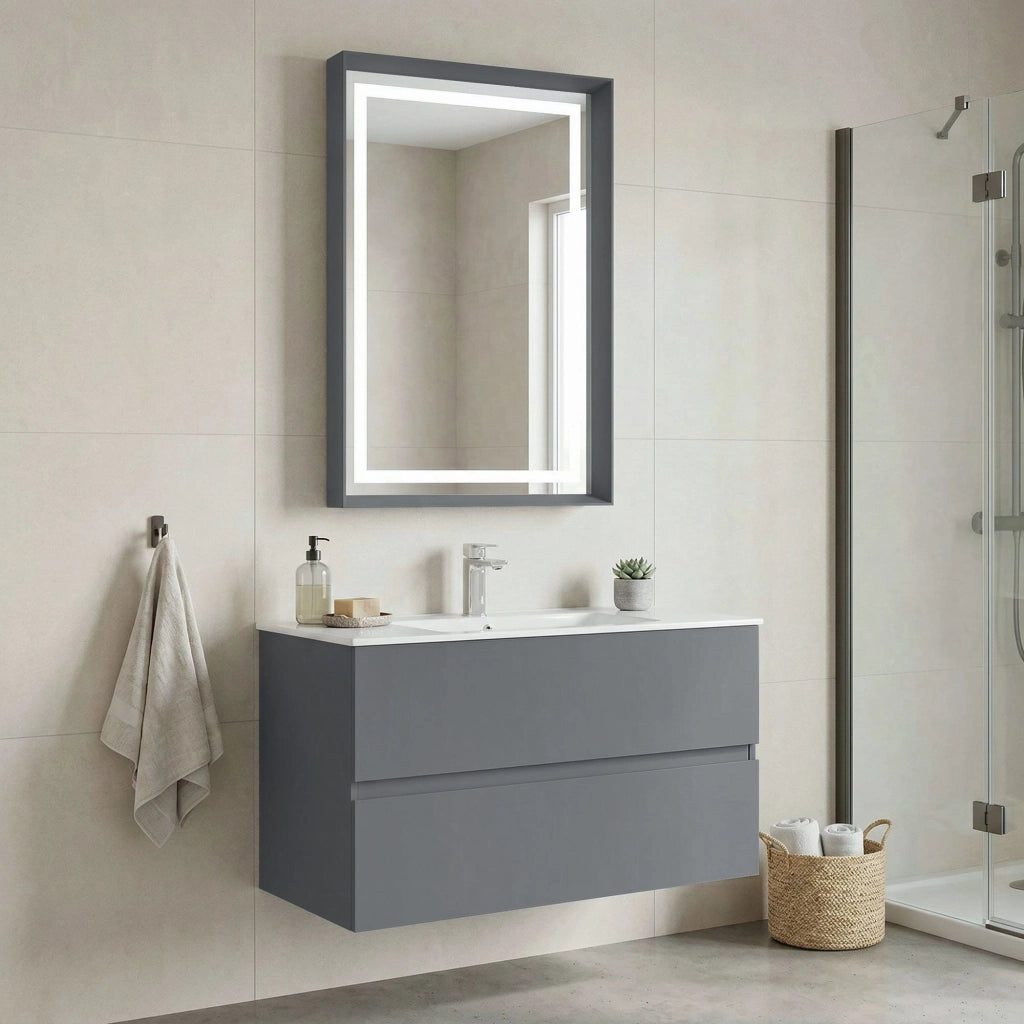 Set mobile lavabo con specchio (2 pezzi) "Nest 91 v2" - 91 x 51 x 55 cm - Grigio opaco