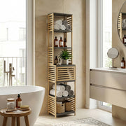 Scaffale da Bagno Kydesby in Bambù con 5 Ripiani Aperti e Scomparto ad Anta 170 x 39 x 30 cm - Naturale / Grigio [en.casa]