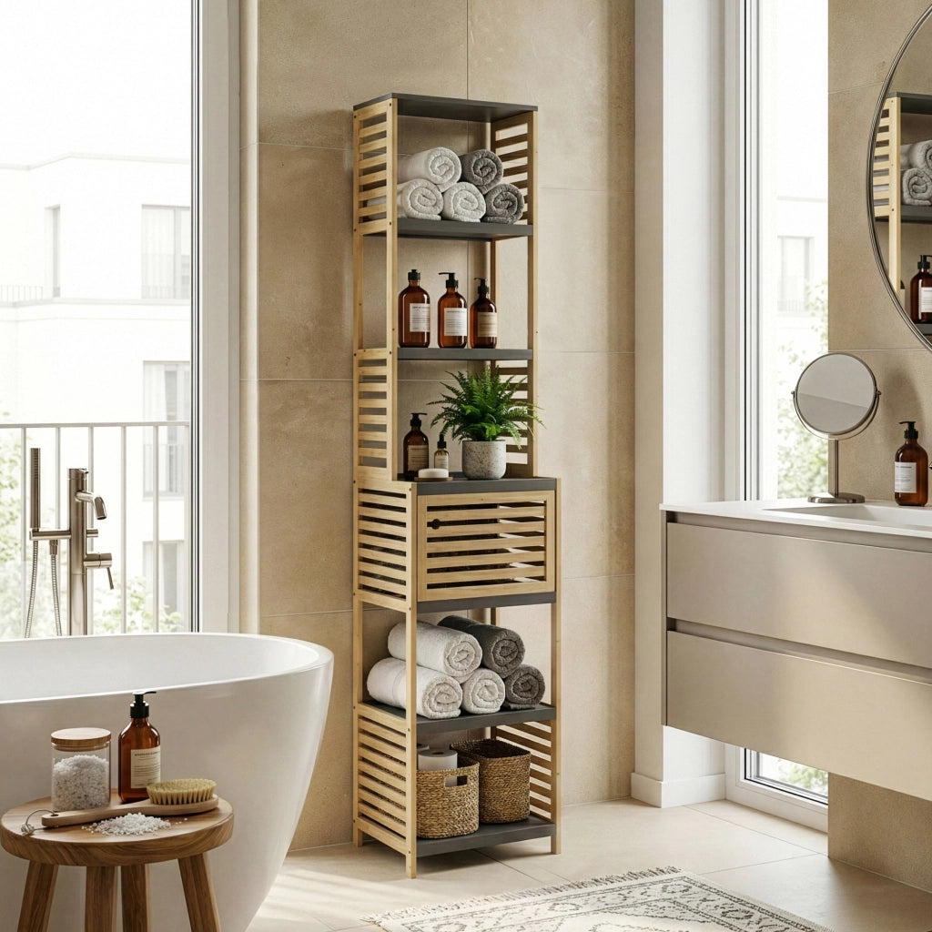 Scaffale da Bagno Kydesby in Bambù con 5 Ripiani Aperti e Scomparto ad Anta 170 x 39 x 30 cm - Naturale / Grigio [en.casa]