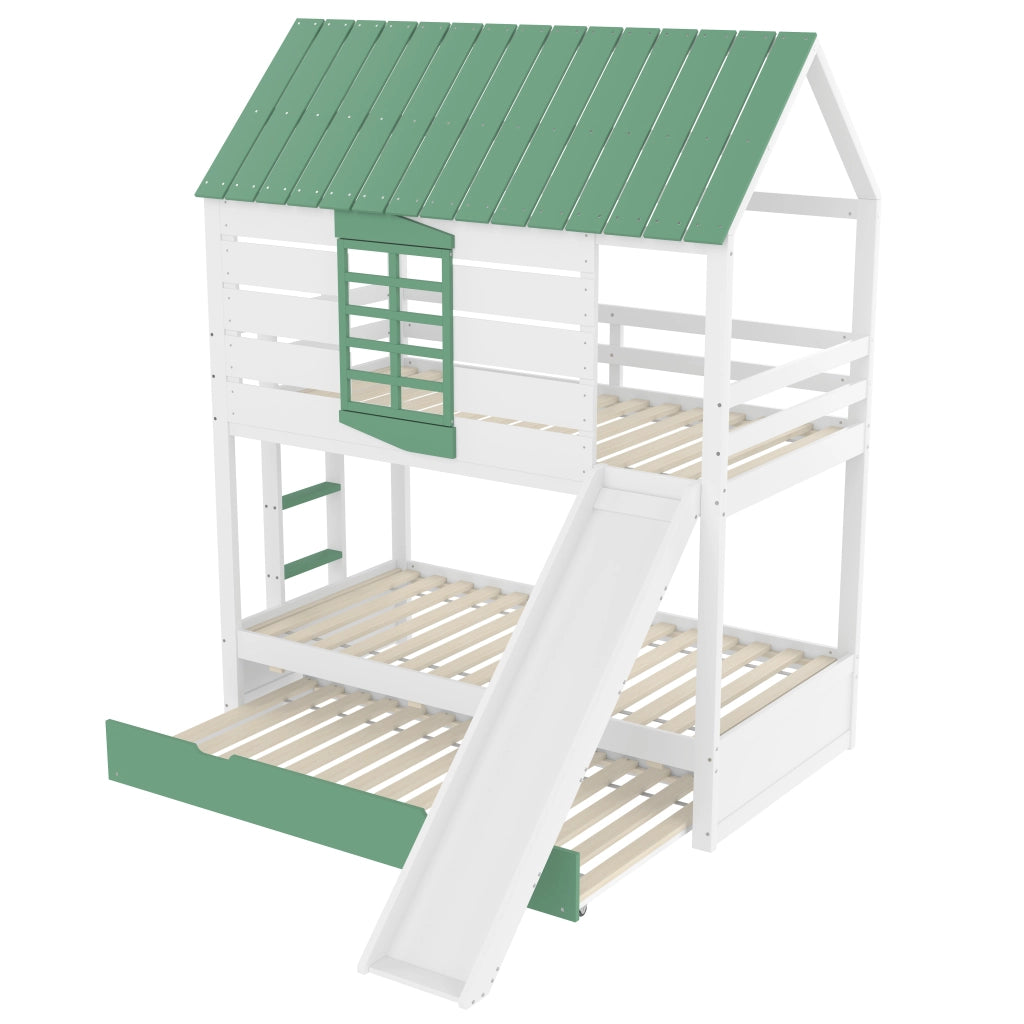 OKWISH Letto a Castello 90×200 cm, Letto Singolo con Scivolo, Letto estraibile, Sponde e Scala, senza Materasso, Bianco Verde