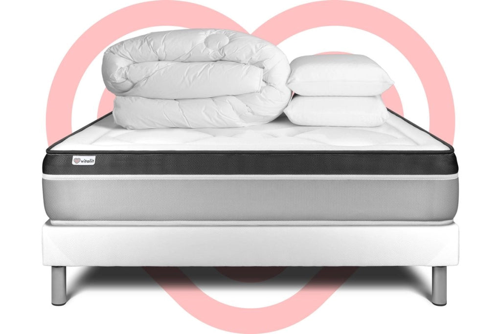 Pacchetto letto completo - Materasso 140x190cm + Box spring con doghe (in kit) + 2 cuscini + Piumino - Vital Ergo