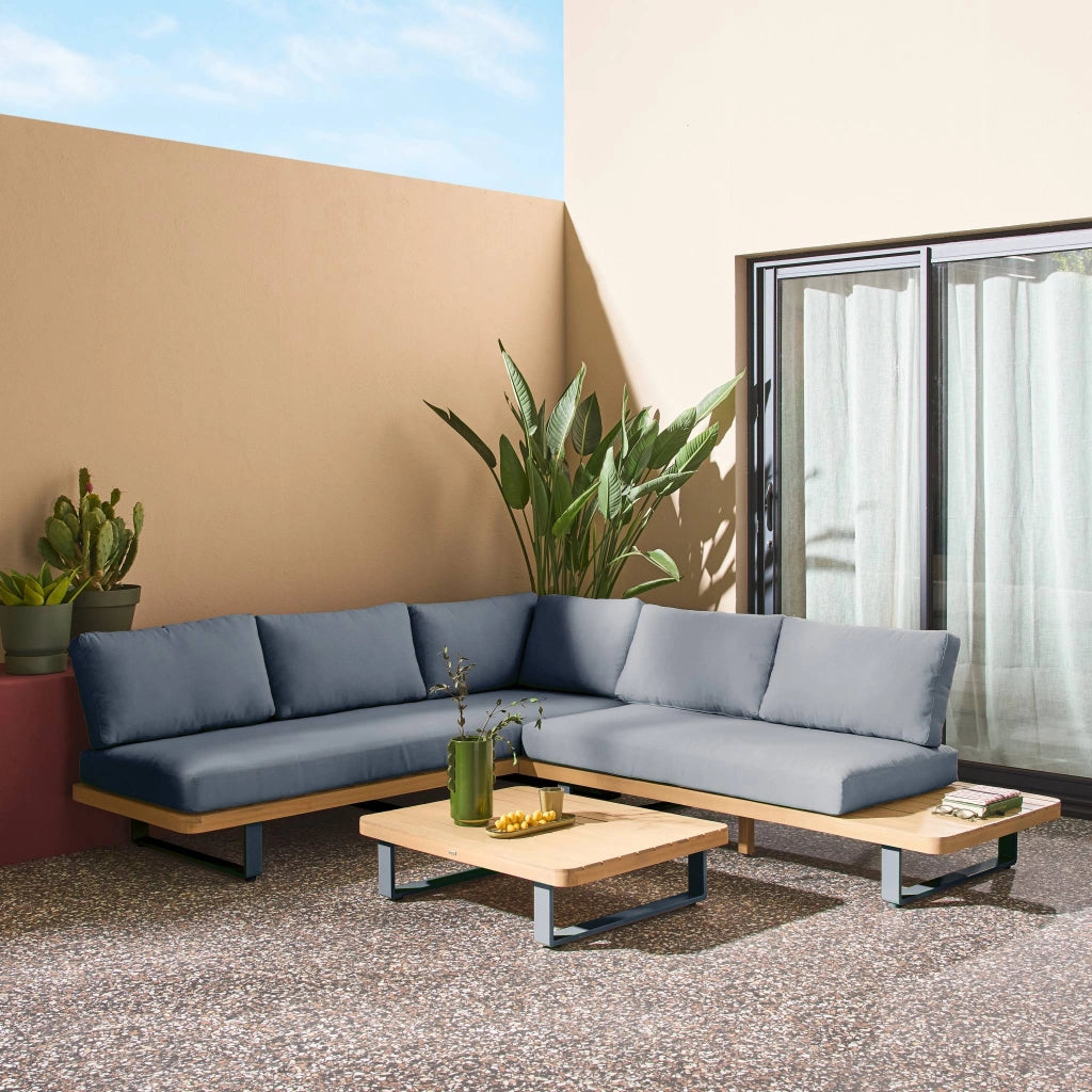 Salotto da giardino angolare in legno di acacia e alluminio, 5 posti,