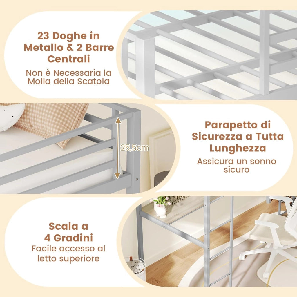 Letto a Soppalco 90 x 200 cm con Scrivania Sotto, Letto a Castello con Luce LED e Stazione di Ricarica, Letto Rialzato Struttura in Ferro con 2 Ripiani per Ragazzi e Ragazze (Argento)
