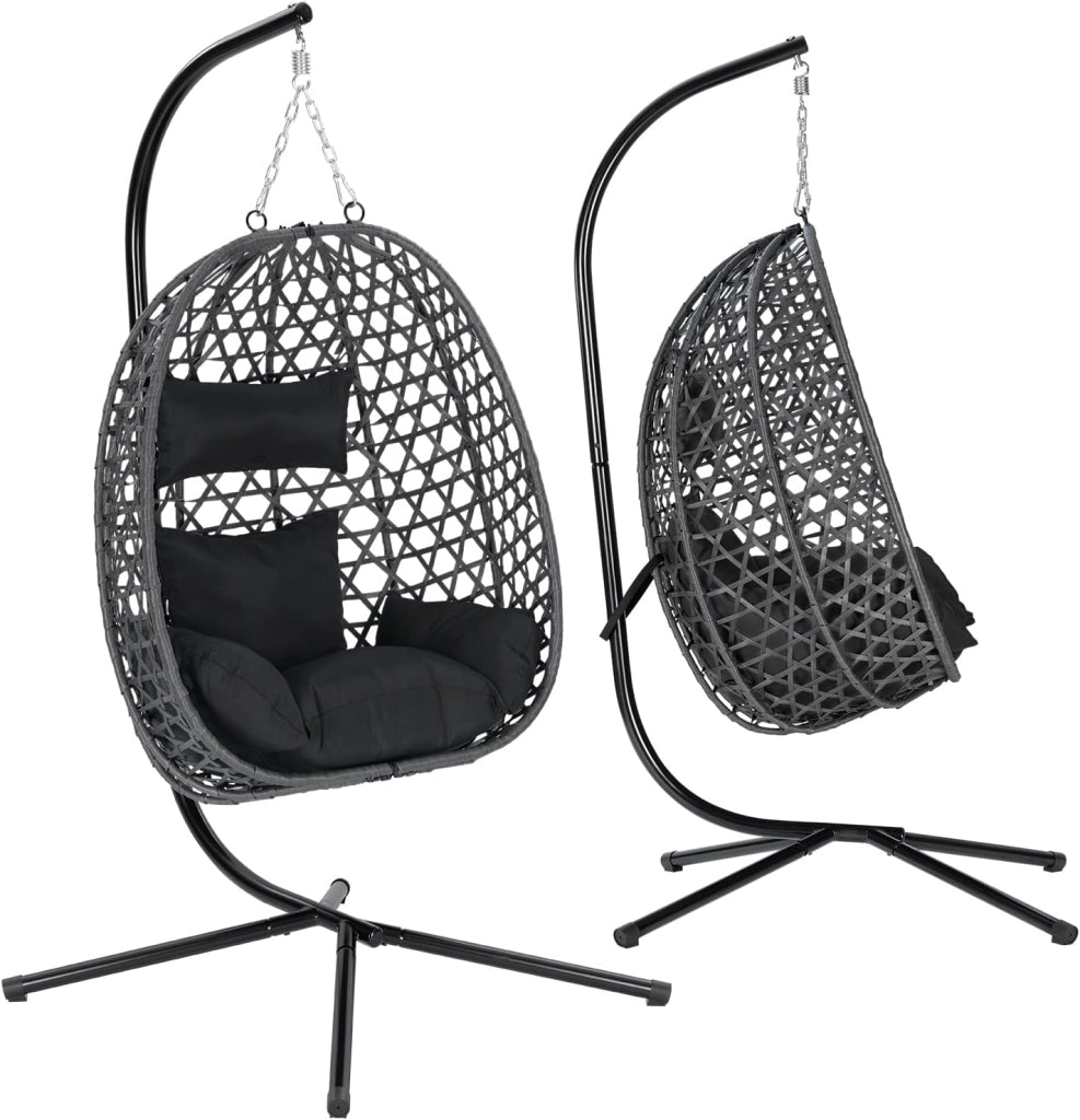 Poltrona Sospesa a Uovo, Sedia Sospesa con Supporto in Metallo, Cuscino e Poggiatesta, Altezza Regolabile, in Rattan PE, per Giardino, Terrazza, 102x100x196 cm, Grigio