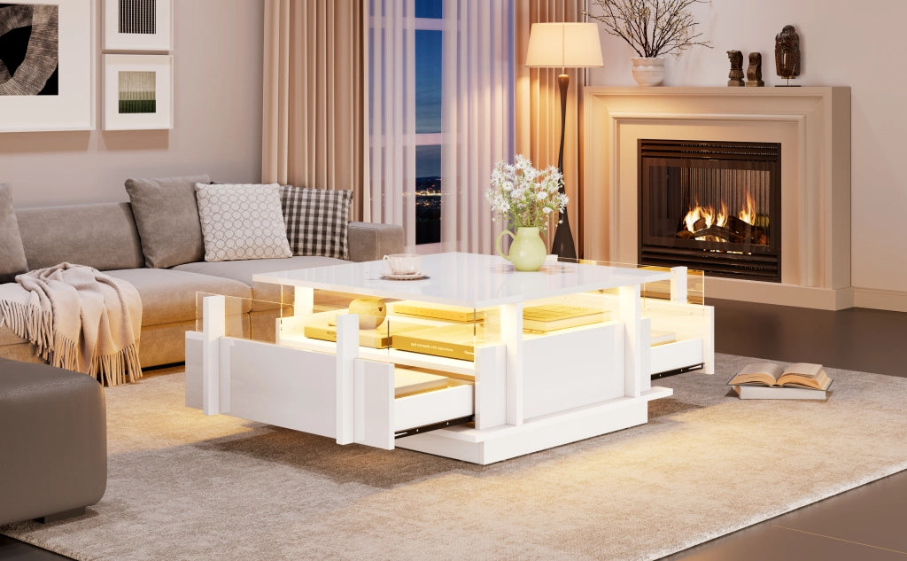 TAVOLINO Quadrato 70x70x35 cm Bianco lucido con 2 cassetti e illuminazione LED