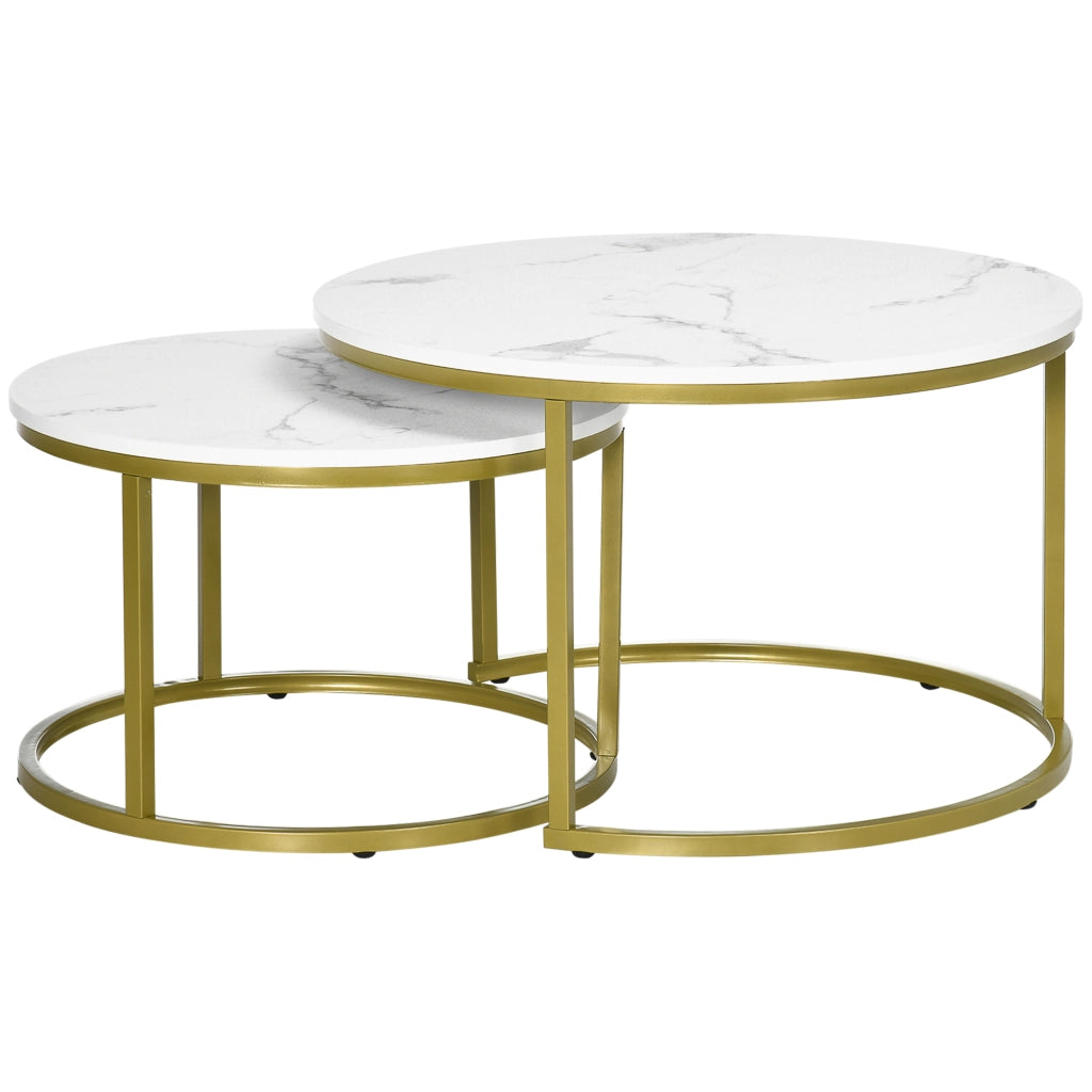 Set 2 Tavolini da Salotto Rotondi e Impilabili in Acciaio e Truciolato, ?74x46.3 cm e ?59x38.5 cm, Bianco e Oro
