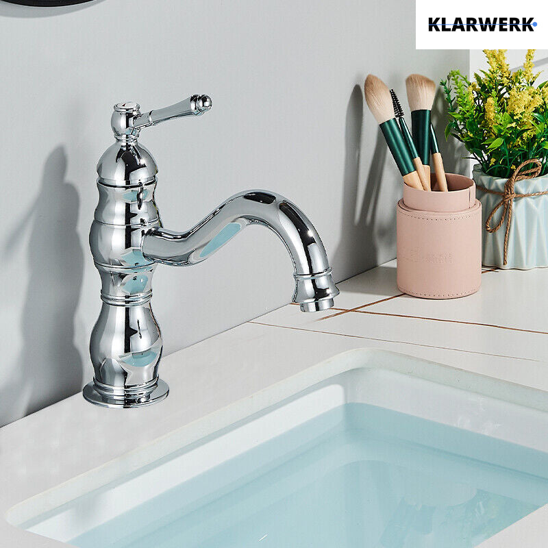 NALA | Rubinetto da bagno basso vintage Gastro cromato lucido |. Rubinetto per lavabo retrò premium in acciaio inossidabile piccolo |