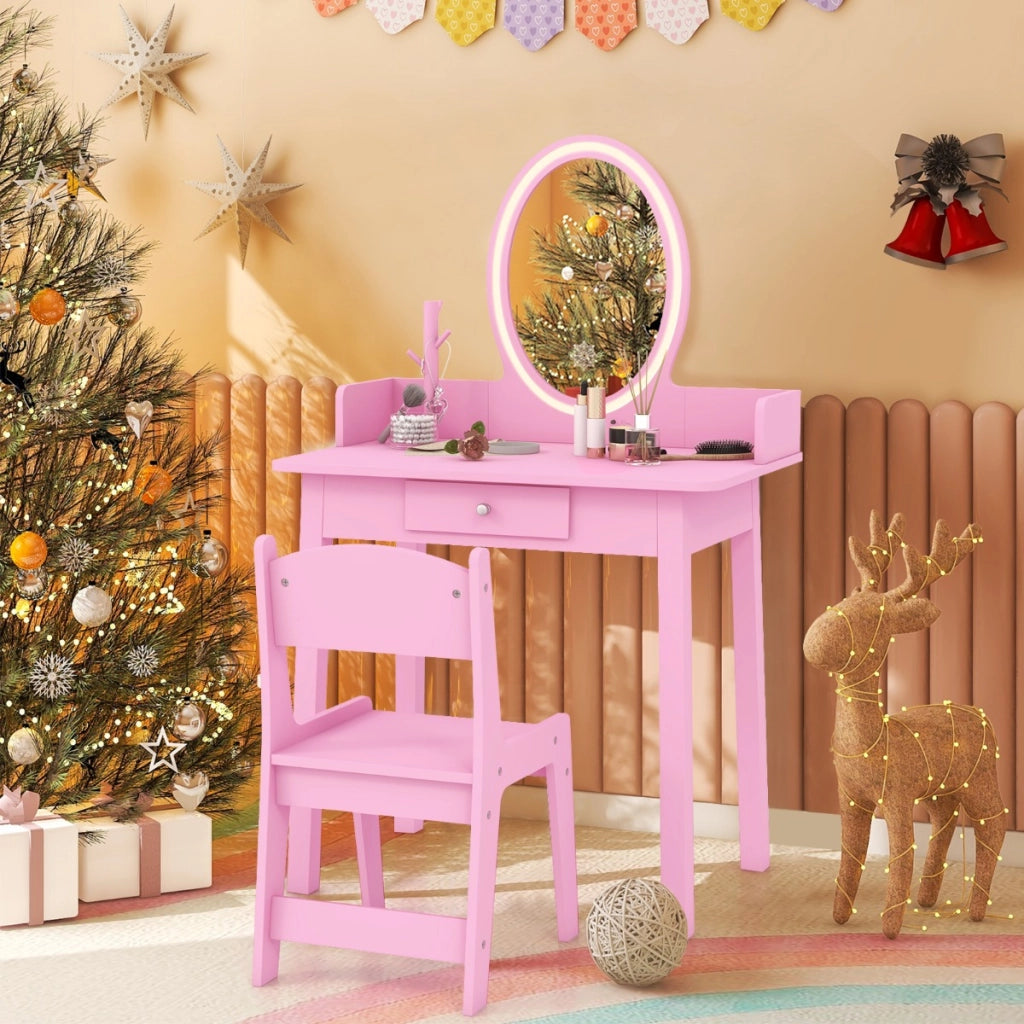 Set di trucco per bambini con specchio sedia illuminazione a LED a 2 colori, Tavolo da trucco per ragazze Rosa-Toelette per bimbi