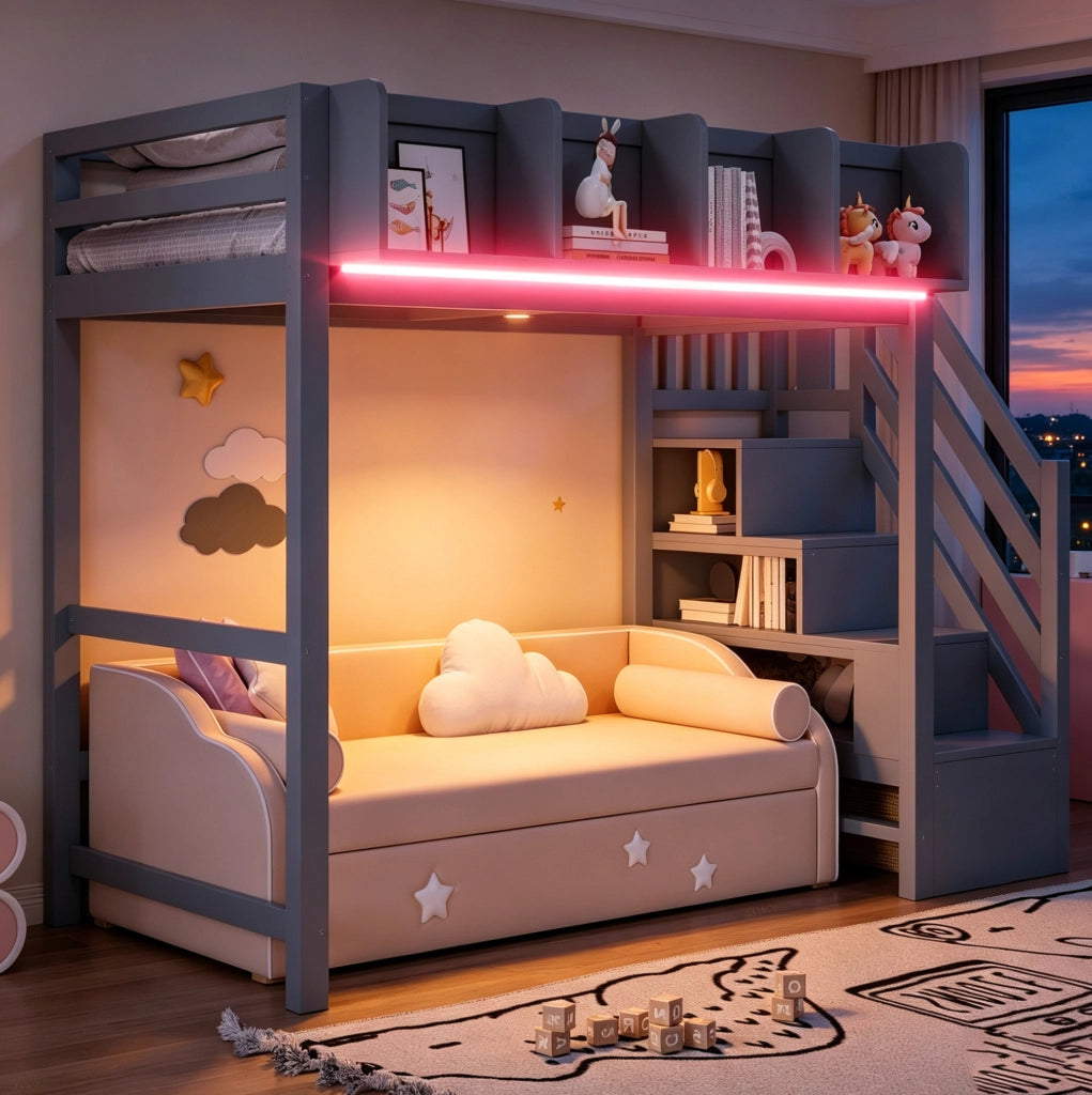 Letto a soppalco 90x200 cm con LED, vani portaoggetti e scala laterale