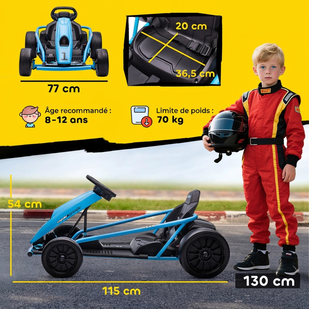 Kart Électrique pour Enfants 24 V Go Kart Mode Drift 8 à 12 ans Bleu