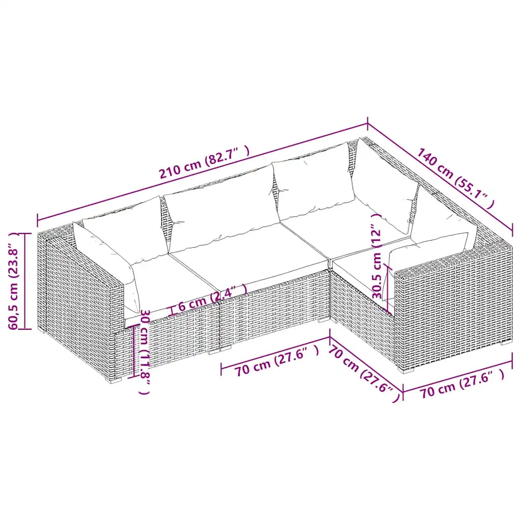 Set Divani da Giardino 4 pz con Cuscini in Polyrattan Marrone cod mxl 38897