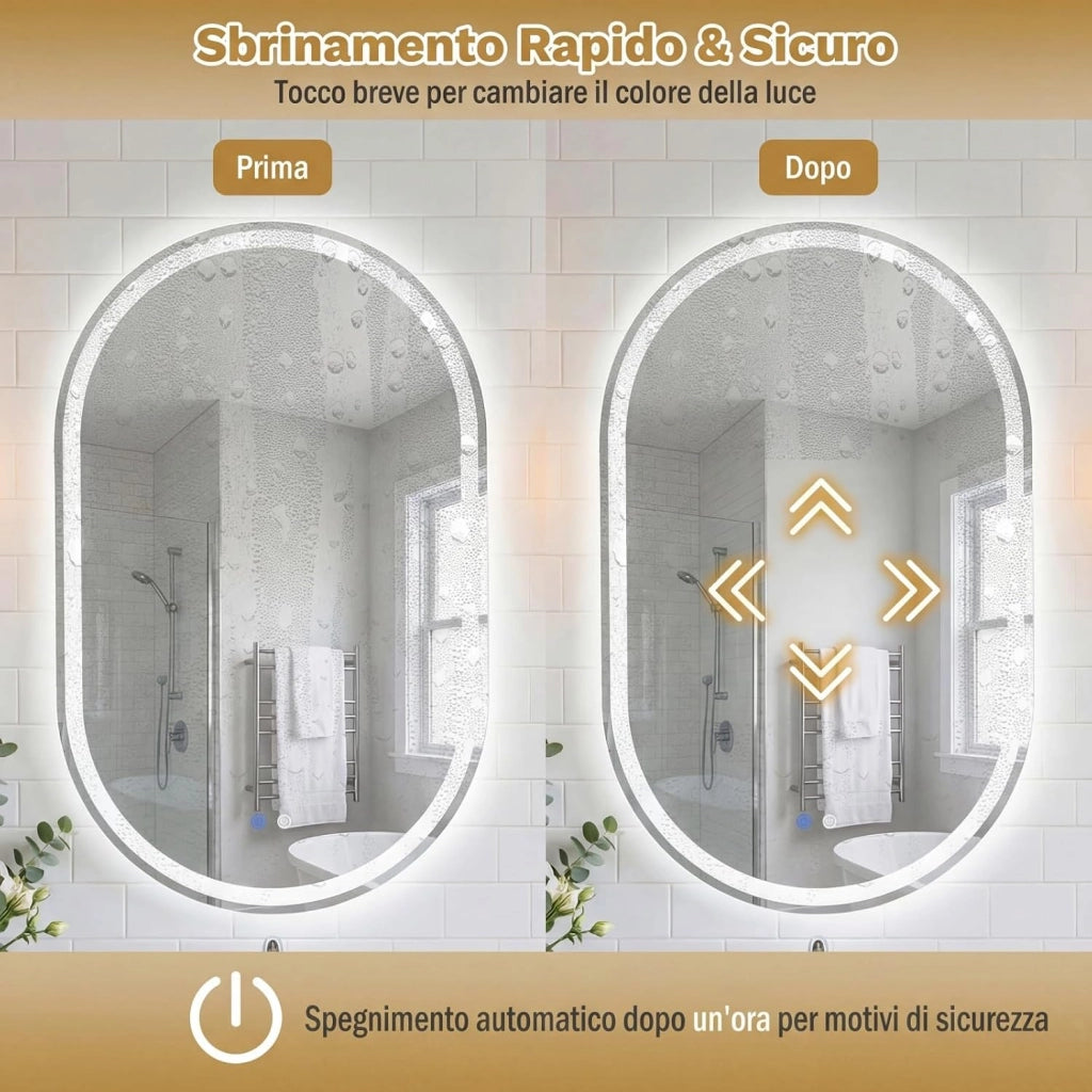 Specchio Bagno con Luce 80 x 50 cm, Specchio Ovale da Parete in Vetro Temperato IP44 con 3 Colori Dimmerabile, Antiappannamento, Memoria, Orizzontale/Verticale (80 x 50 cm, Modello 2)