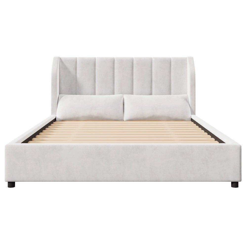Letto Imbottito in Velluto ¨C Minimal ¨C Beige 140x200 cm con Rete a Doghe