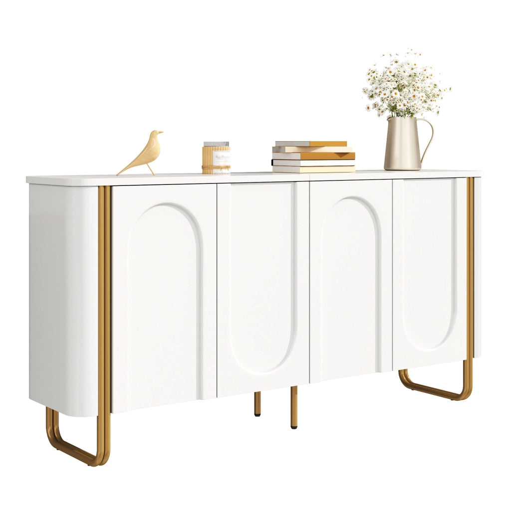 Sideboard in MDF Weiß mit Bogenrelief, 4 Türen, Eisenfüße, 160x35x80,5 cm