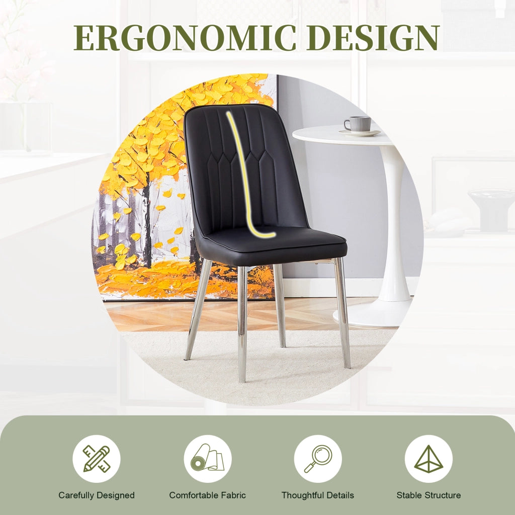 Sedia da Pranzo con Schienale Ergonomico e Seduta Imbottita, in Metallo e Similpelle, Nero Argento