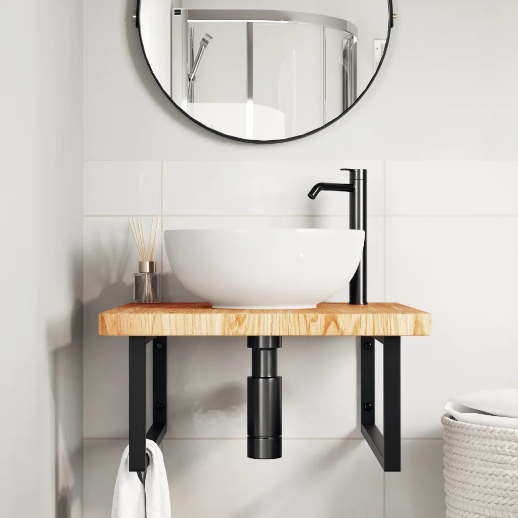 Ripiano a Parete per Lavabo in Acciaio e Massello di Rovere 3302493