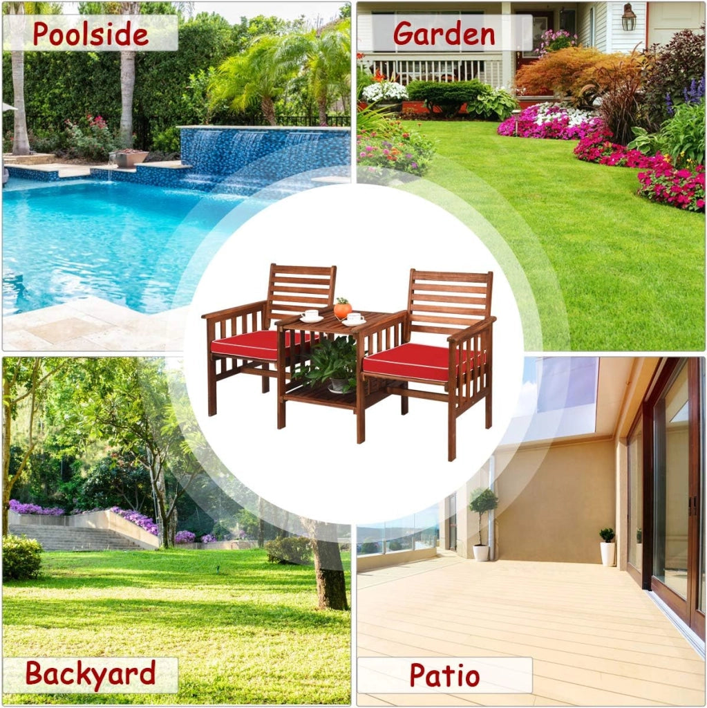 Set di 2 Sedie con Cuscini e Tavolo in Legno di Acacia, Foro per Ombrellone da 5 cm, Set di Mobili per Esterni da Bistro da Giardino (Rooso)