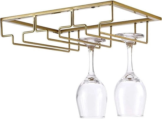 Sostegno per bicchieri da vino in metallo dorato con tre scomparti e viti per fissaggio sotto il mobile, ideale per la dispensa o la bar per una raccolta organizzata dei bicchieri da vino