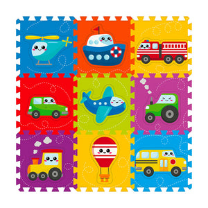 Tappeto Puzzle 9pz per Bambini Componibile Veicoli Multicolore