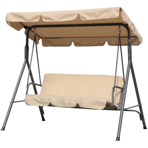 Dondolo Altalena da Giardino 3 posti con Parasole Regolabile in Acciaio Beige
