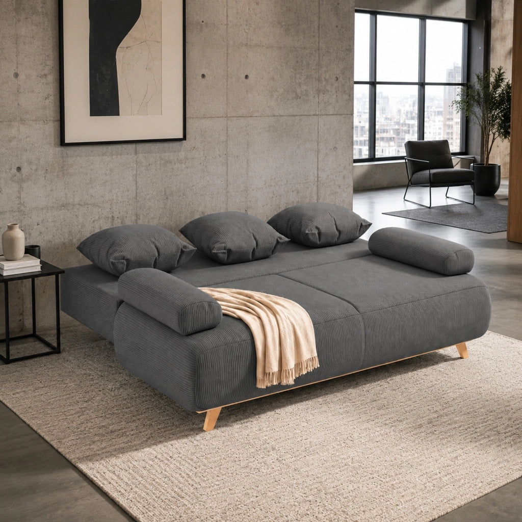 Divano letto 3 posti con contenitore e schienale regolabile; 188x140 cm; grigio