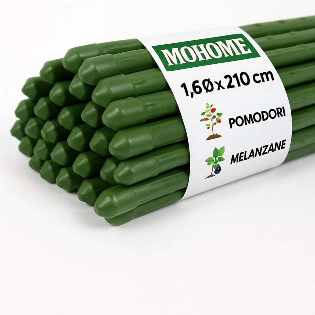 MOHOME Bastoncini Supporto Piante Rampicanti Cannette Acciaio Plastificato Bastone 1,6 Ø x 210 cm Tutore Verde Giardino Orto Pomodori Melenzane Taglia: SET DA 50