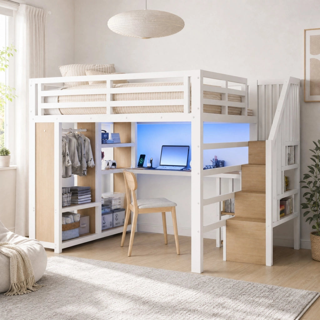 Letto a Soppalco 140x200 cm; LED; USB; Scrivania; Guardaroba; Scala; in Metallo; Bianco