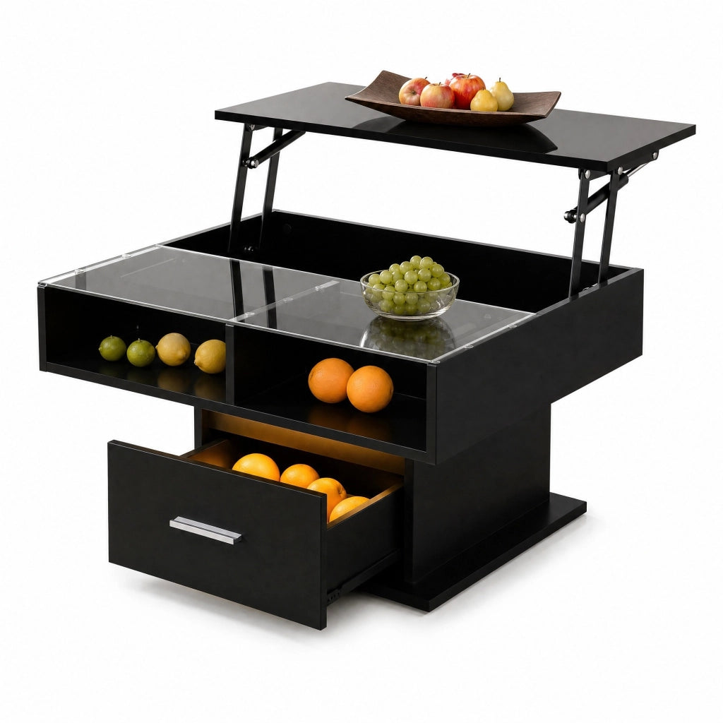 Tavolino da salotto sollevabile quadrato 78x78 cm; nero; in truciolare con LED e spazio contenitivo
