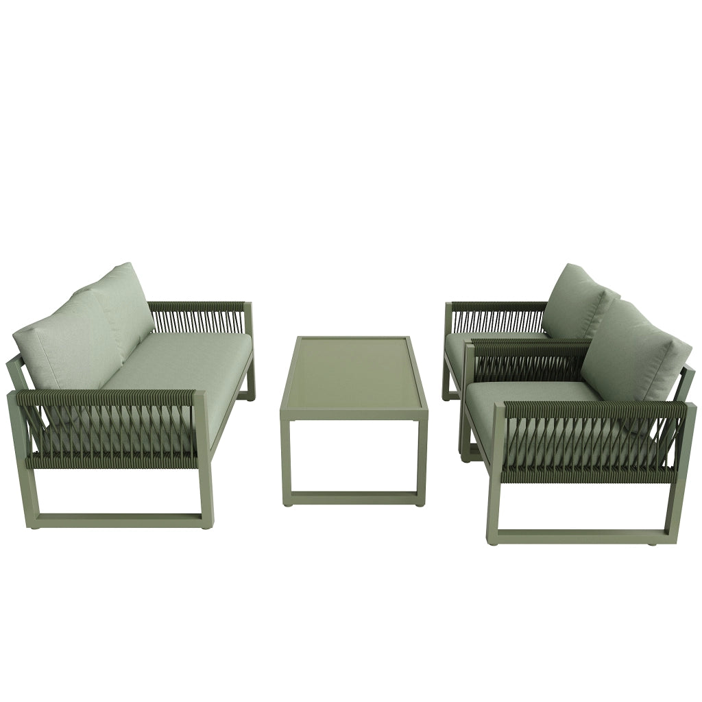 Set Lounge da Giardino 4 Pezzi in Corda con Tavolo in Vetro e Cuscini ¨C MINIMAL ¨C Verde