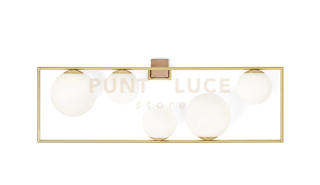 BUBLE APPLIQUE DA PARETE 5 SFERE OPALINO STRUTTURA ORO SPAZZOLATO E BRONZO ATTACCO E27