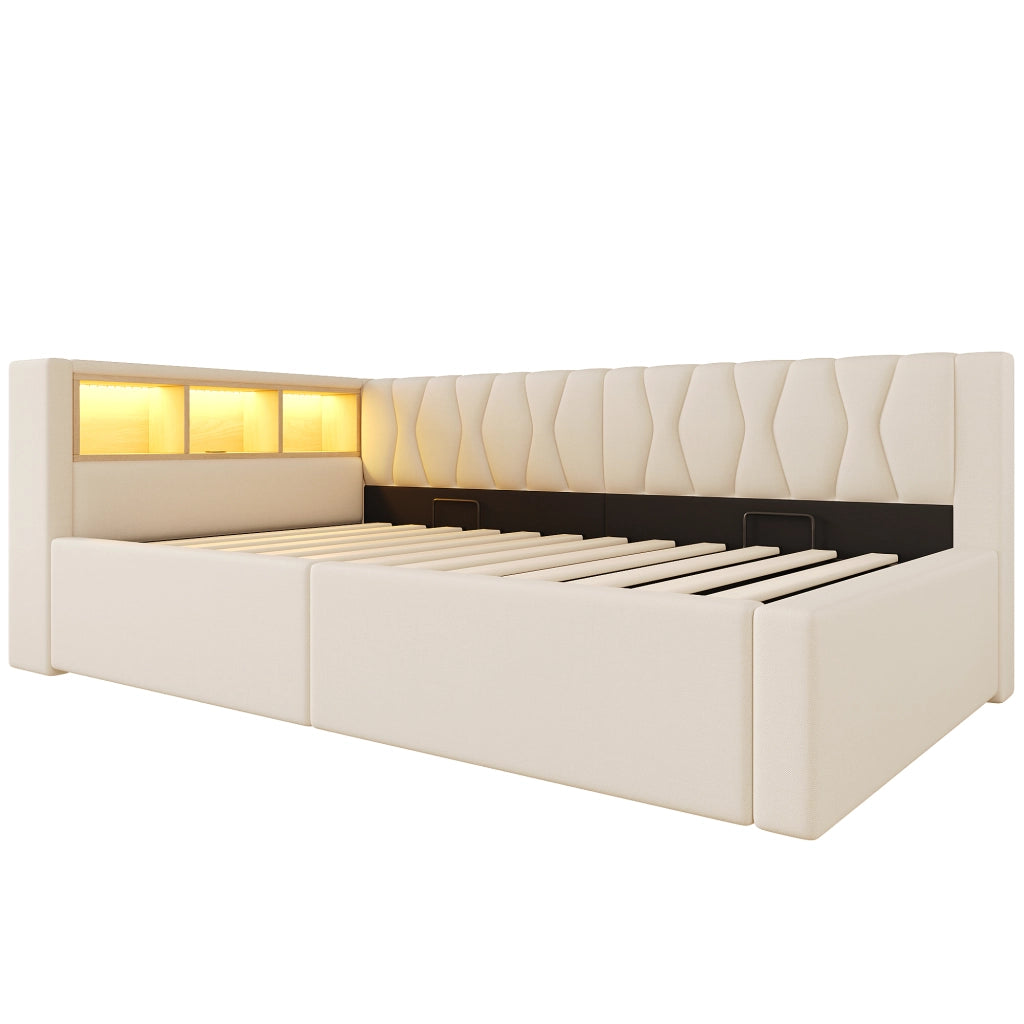 Letto singolo 90x200 cm beige con contenitore idraulico; LED dimmerabile e mensole