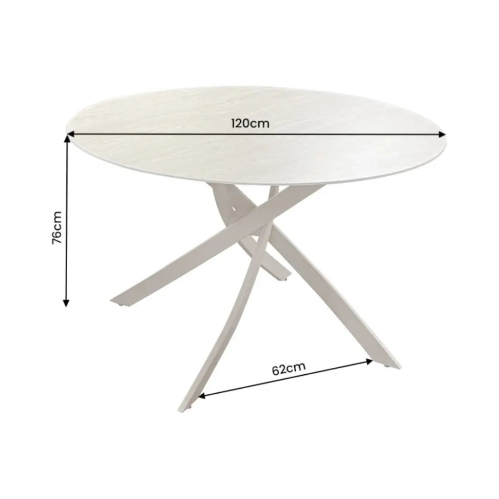 Tavolo da pranzo rotondo ARAVIS 120 cm - Ceramica beige effetto pietra e gambe design marrone