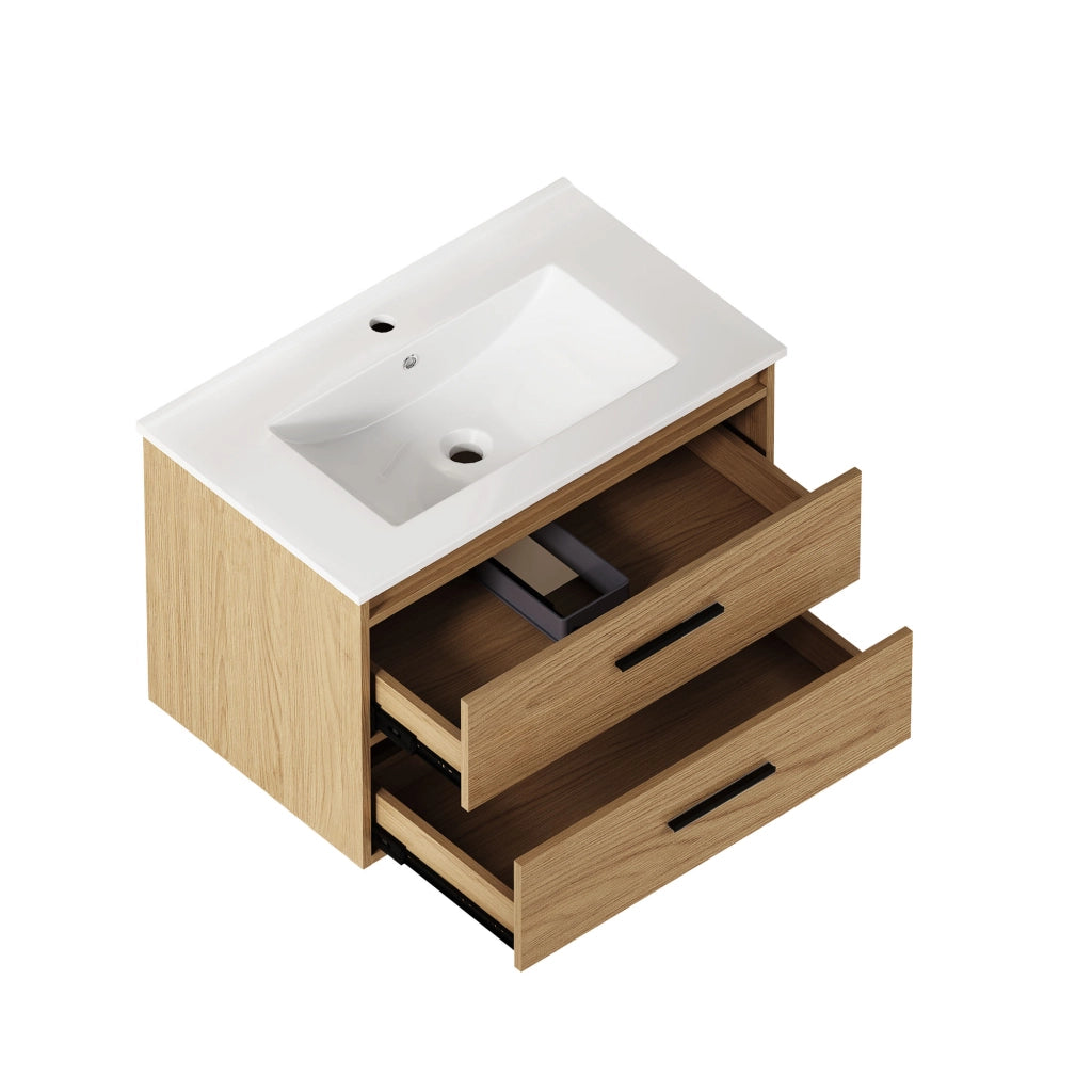 Mobile bagno con lavabo 75 cm; 2 cassetti; MDF e Ceramica; Rovere Chiaro