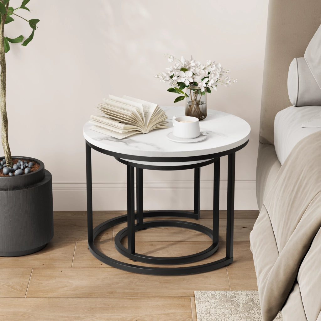 TAVOLO DA SALOTTO ROTONDO SET 2 PEZZI 60x60x45 cm Bianco Ferro e Truciolare