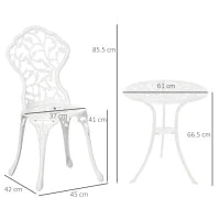 Set da Giardino 3 Pezzi in Alluminio Bianco, 2 Sedie da Esterno 45x42x85.5 cm e Tavolino Rotondo Ø61x66.5 cm