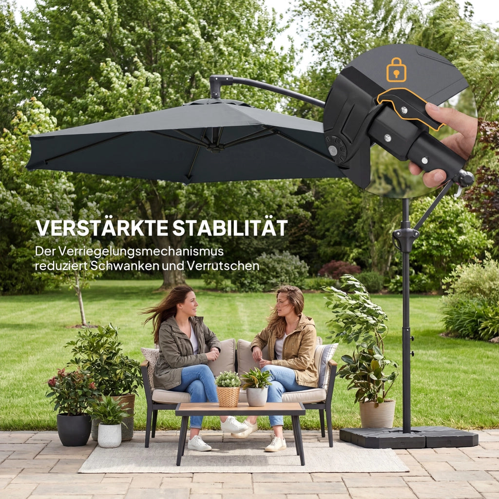 Parasole a sbalzo; circa 300 cm Parasole con meccanismo di bloccaggio; piedi di supporto grigio scuro