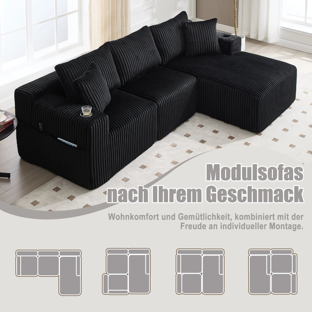 Divano modulare con chaise longue e 2 posti con 5 cuscini, tasche laterali e portabicchieri in velluto nero