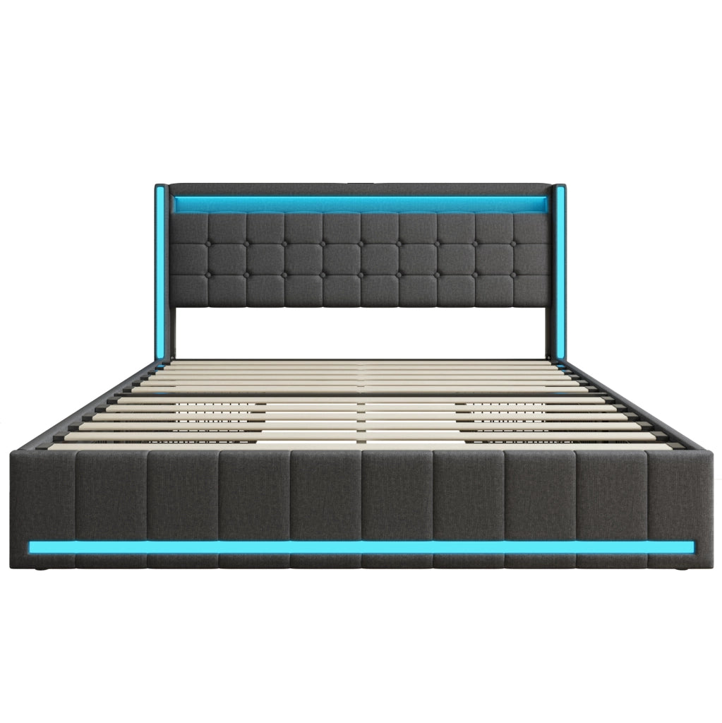 Letto 140x200 cm con 4 cassetti, LED e USB-C in lino grigio scuro