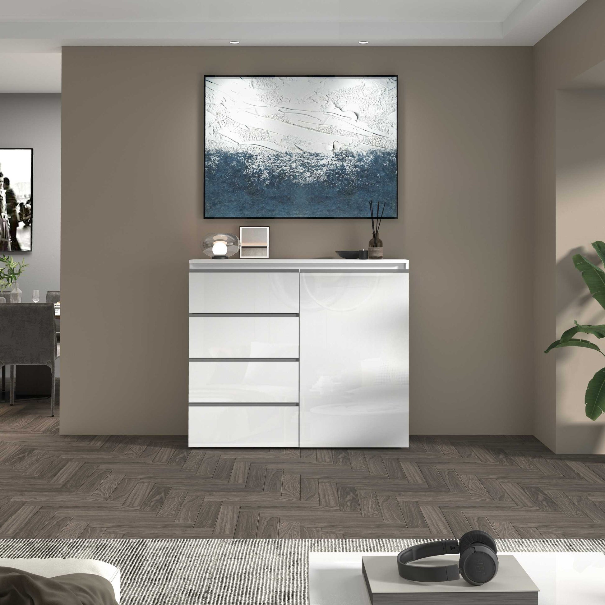 Credenza a cassettiera Magic 1 anta e 3 cassetti bianco lucido 120x40x105 cm