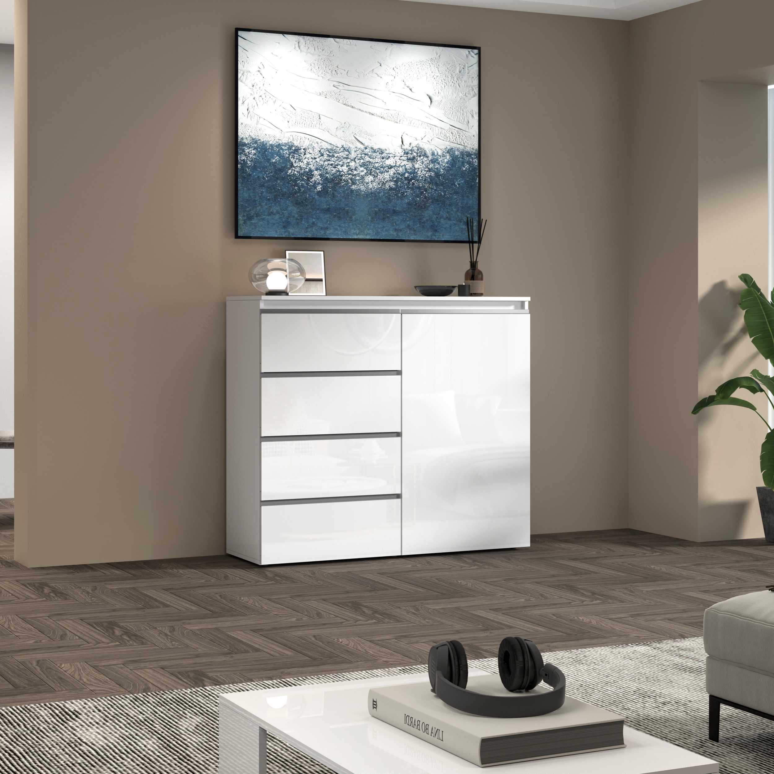 Credenza a cassettiera Magic 1 anta e 3 cassetti bianco lucido 120x40x105 cm
