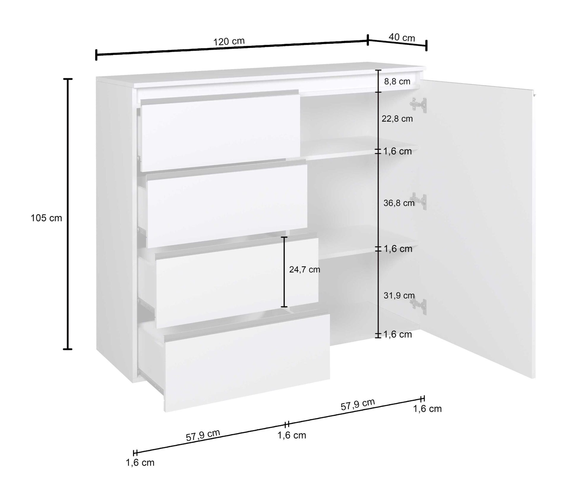 Credenza a cassettiera Magic 1 anta e 3 cassetti bianco lucido 120x40x105 cm
