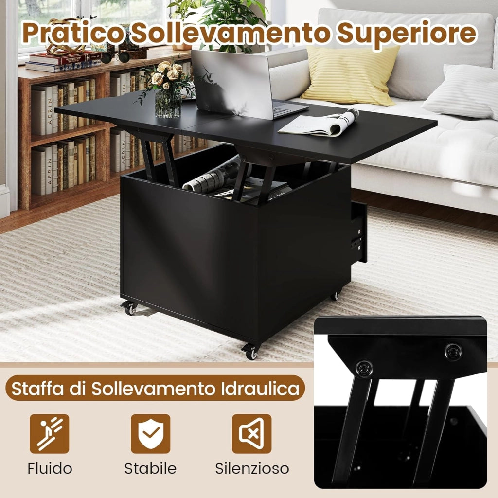 Tavolino da Caffè con Piano Sollevabile, Tavolo Moderno 3 in 1 Pieghevole con Contenitore Nascosto, Cassetto e Ruote Girevole 360°, Tavolino Versatile per Soggiorno e Ufficio (Nero)