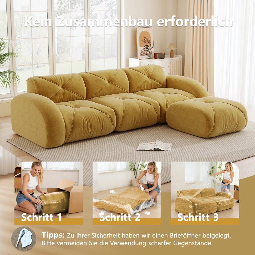 Divano modulare a L con pouf in ciniglia senza telaio e schiuma 32D, senza montaggio, per soggiorno, giallo