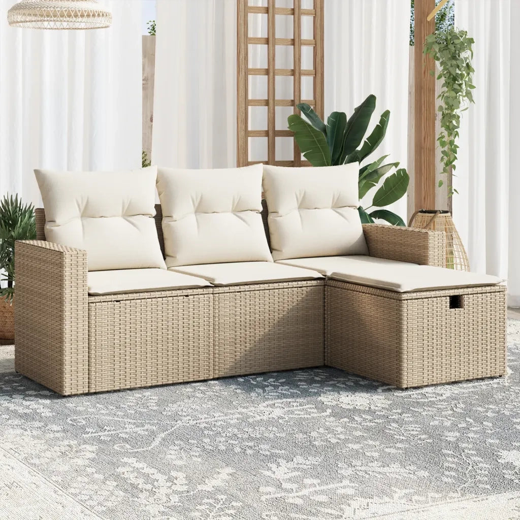 Set Divano da Giardino 4 pz con Cuscini Beige in Polyrattan