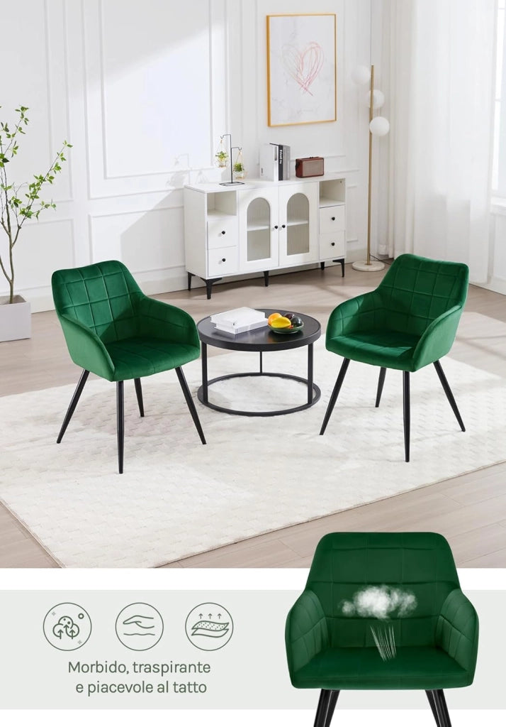 Set di 2 Sedie per Sala da Pranzo Imbottita, Poltroncina in Velluto,Sedia da Cucina con Braccioli e Schienale, Gambe in Metallo, moderne, Verde scuro, BH93dgn-2