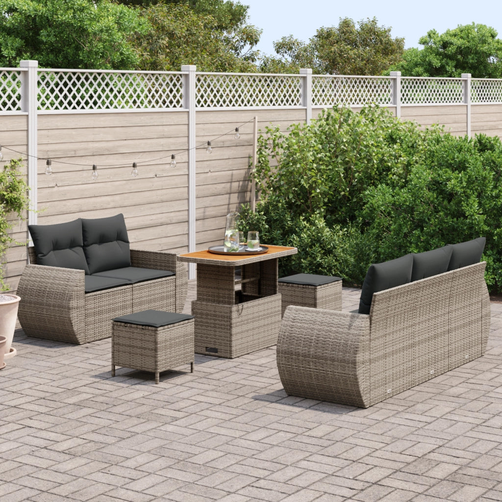 Set di Divani da Giardino 8 Pezzi con Cuscini Grigio Polirattan Acacia