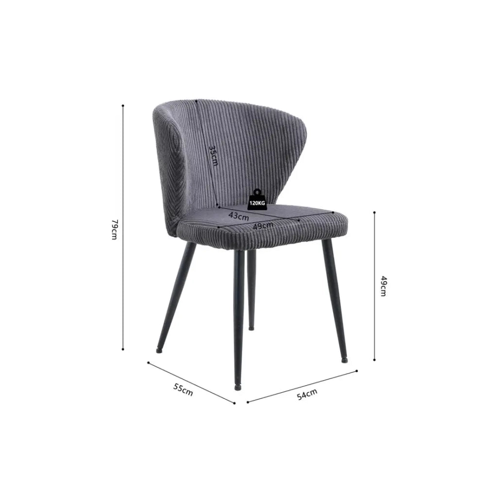 Sedia da pranzo TORONTO – Velluto a coste grigio – Piedi in metallo nero – Stile design