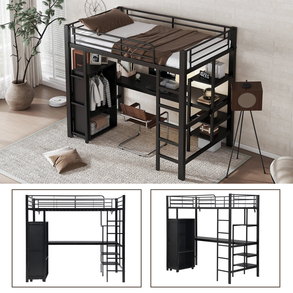 Letto a Soppalco 90x200 cm - Scrivania; Armadio; Libreria e Scala a 5 Gradini - Nero